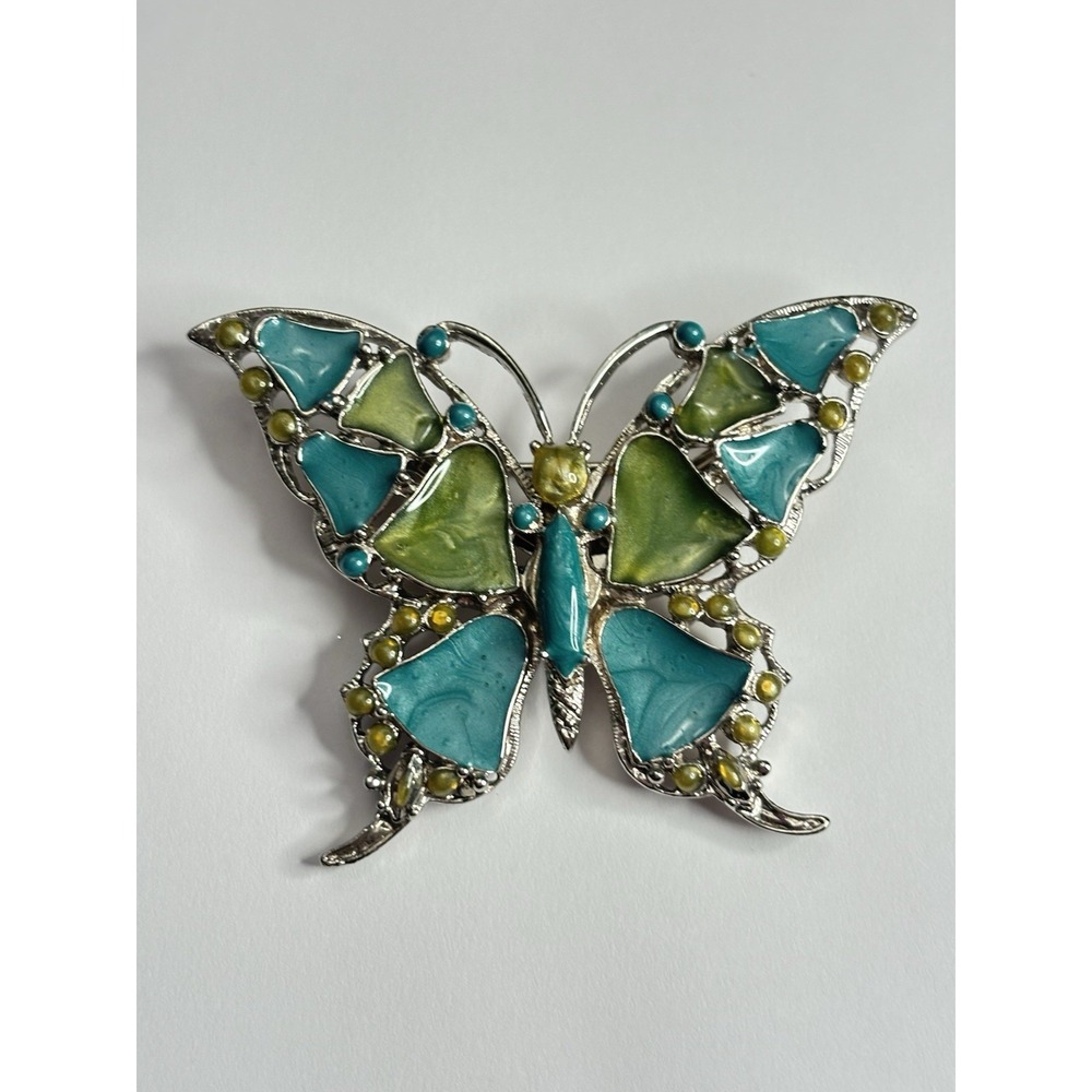Vintage Butterfly Brooch Pin Mosaic Look Blue Green Enamel Silver Tone